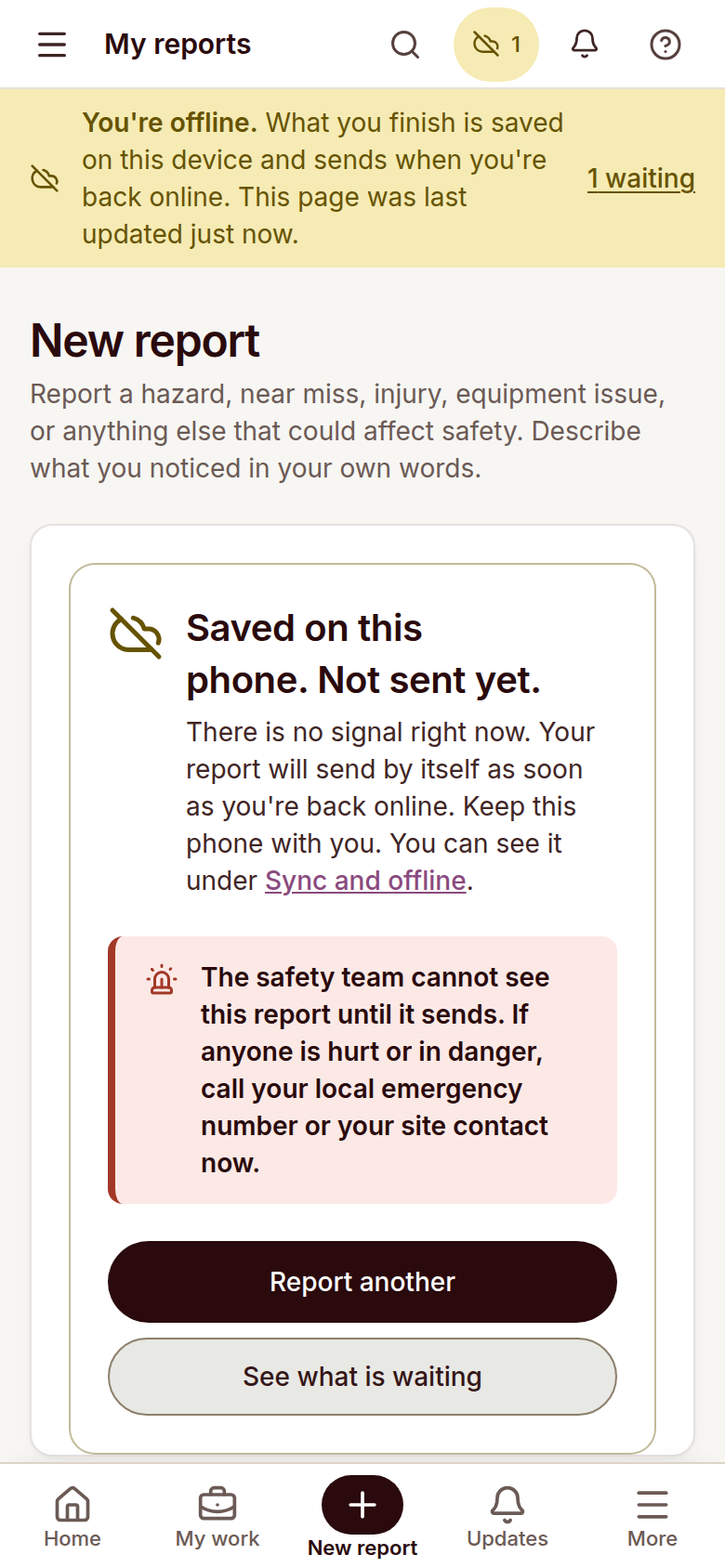 Reldro phone screen showing a safety report saved on the phone while offline, with a warning that the office cannot see it until it sends.