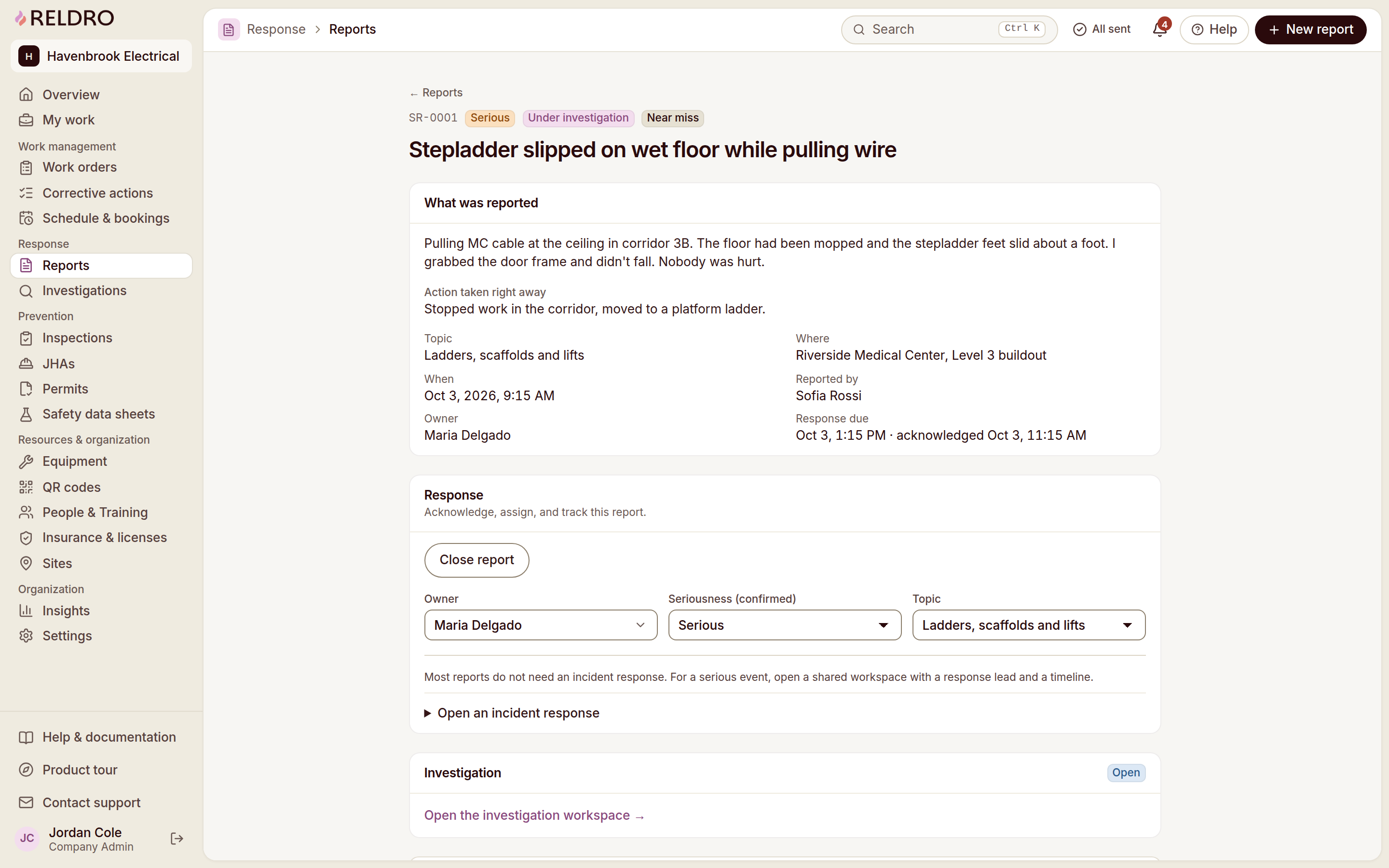 Reldro report detail showing triage, linked corrective actions, work orders and the response timeline.