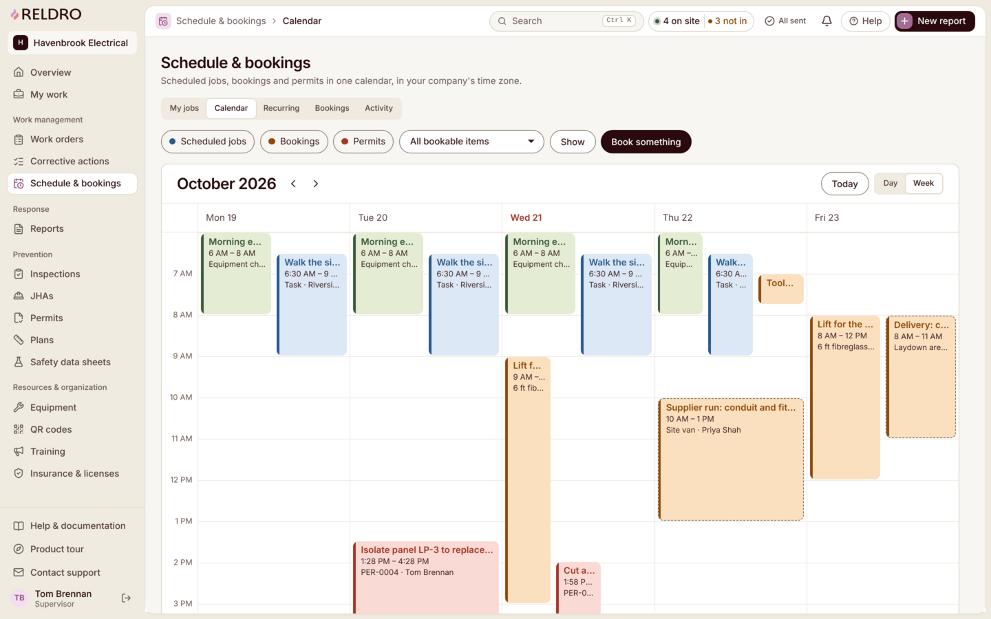 Reldro Schedule & bookings calendar, week: scheduled jobs, bookings, permits, equipment checks, walks and toolbox talks in one calendar.