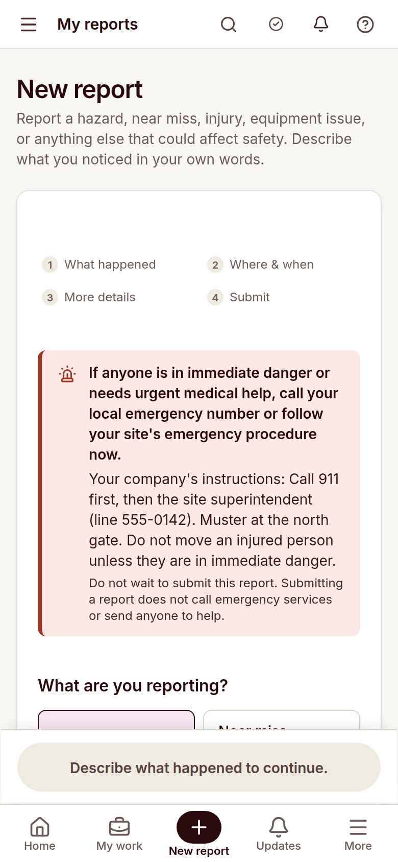 Reldro phone report form for describing what happened, adding the location and attaching photos.